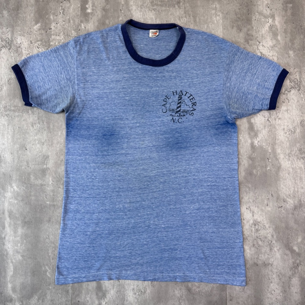 Vintage Cape Hatteras Ringer T-Shirt Mens Large Blue Carolina Paper Thin 70s - Picture 2 of 11